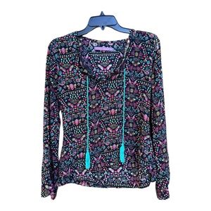 Clock House Multicolor Long Sleeve Tie Front Boho Pattern Blouse Relaxed Fit